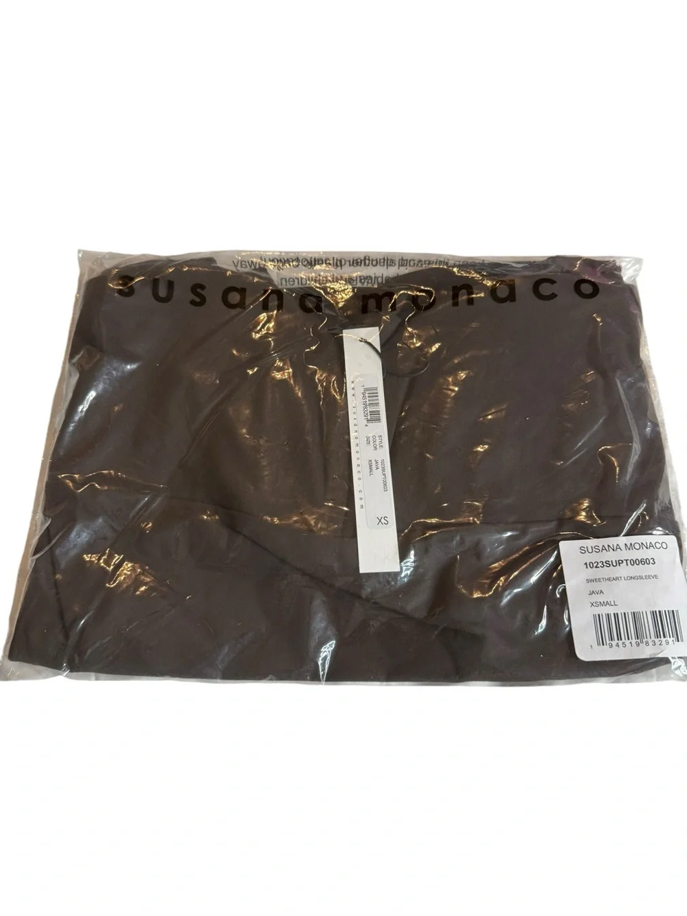 Susana Monaco Java Brown Sweetheart Neck Long Sleeve Stretch Top XS NWT Chic - Picture 4 of 9